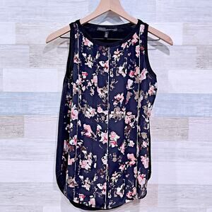 White House Black Market Pleated Mixed Media Tank Black Pink Floral Womens XS